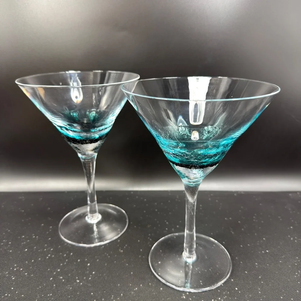 Set of 2 Pier 1 Teal Blue Crackle‎ Glass Martini Glasses Cocktail Stemware Cups